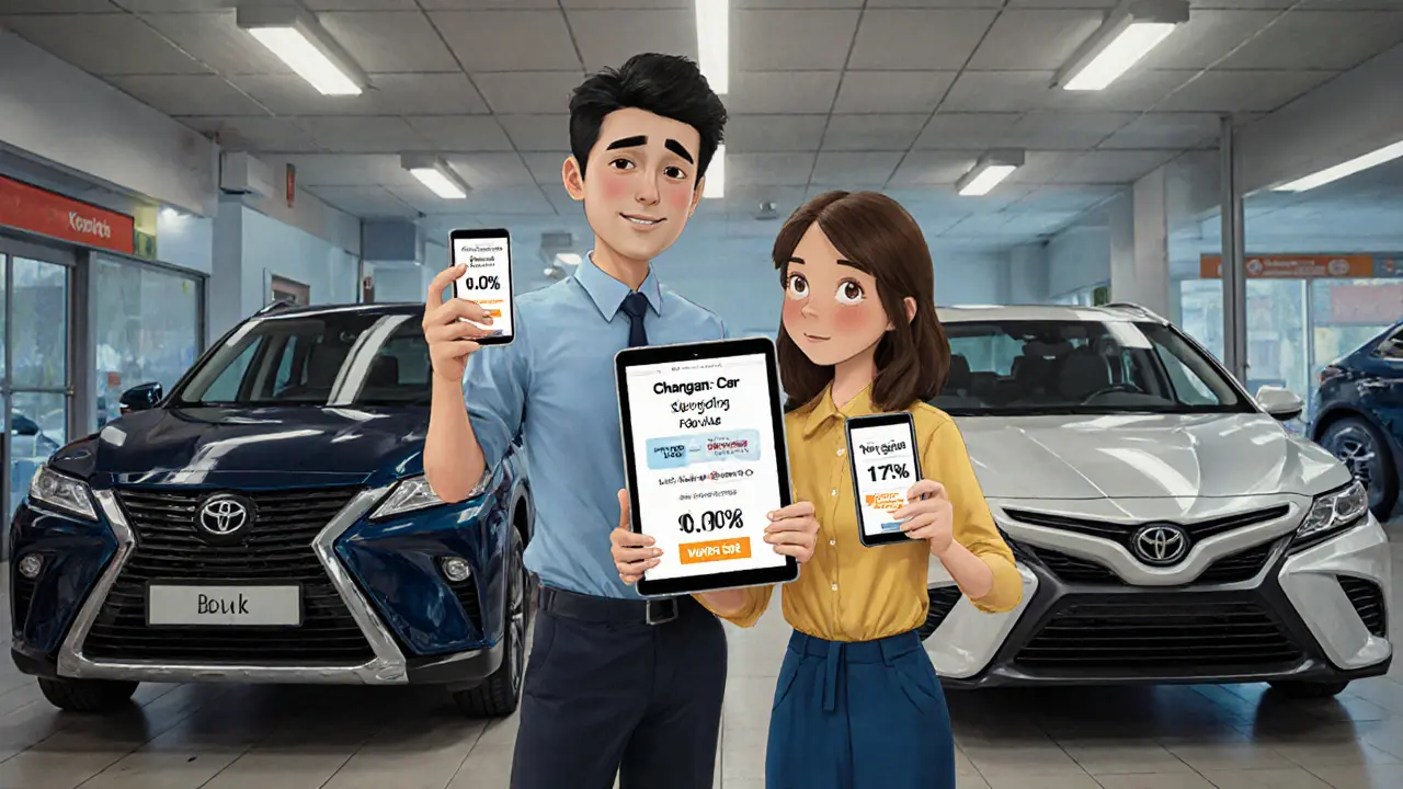 Пара в автосалоне смотрит на два варианта кредита: один с низкой ставкой, другой — без страховки.