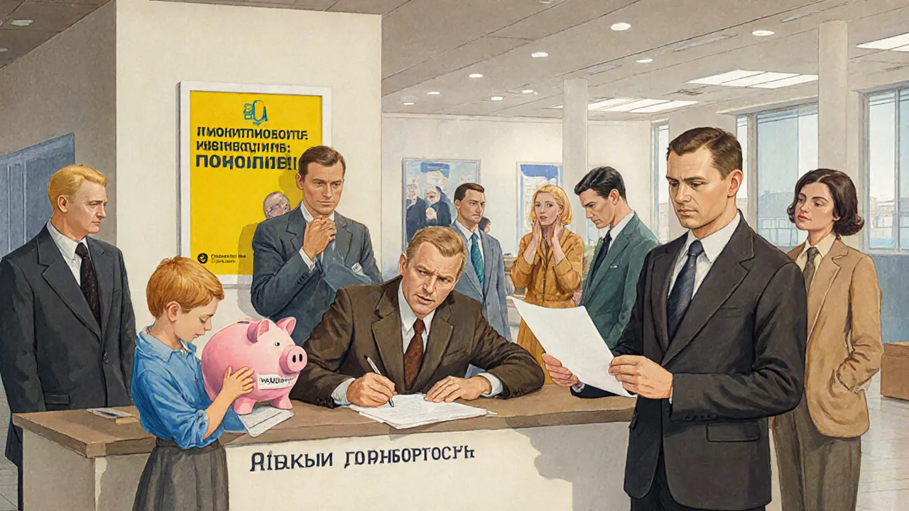 Группа людей в банке подписывает договор с гибким вкладом, на стене — плакат с рекомендацией ЦБ РФ читать договор.