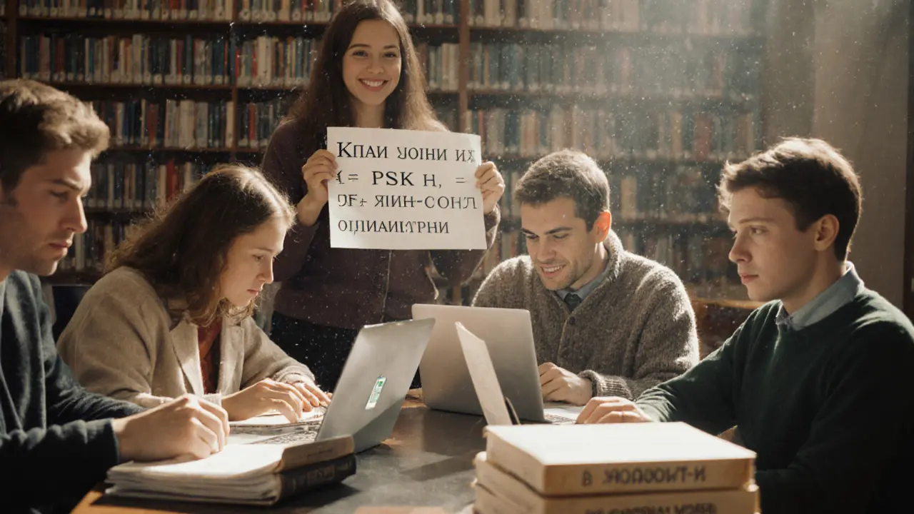 Люди в библиотеке рассчитывают ПСК, библиотекарь поддерживает их финансовые усилия.