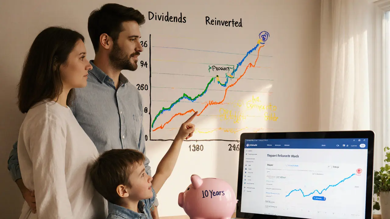 Молодая пара наблюдает за ростом инвестиций на нарисованной диаграмме, ребёнок указывает на копилку.