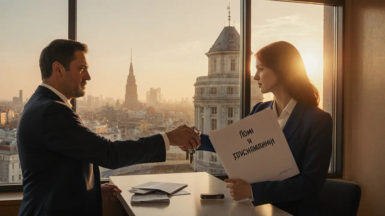 Мужчина передаёт ключи от дома банку, женщина держит документы о собственности.