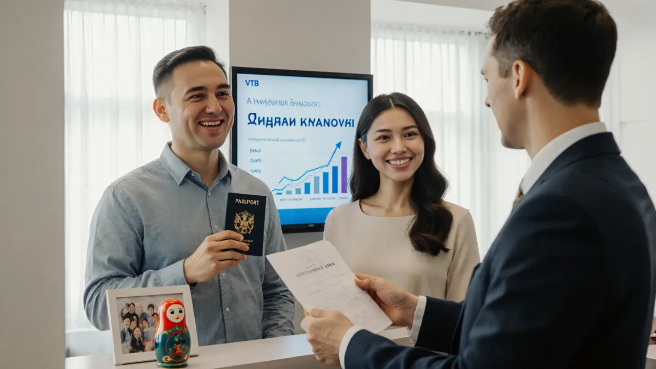 Пара в банке получает документы на совместный вклад, на экране — рост процентов.