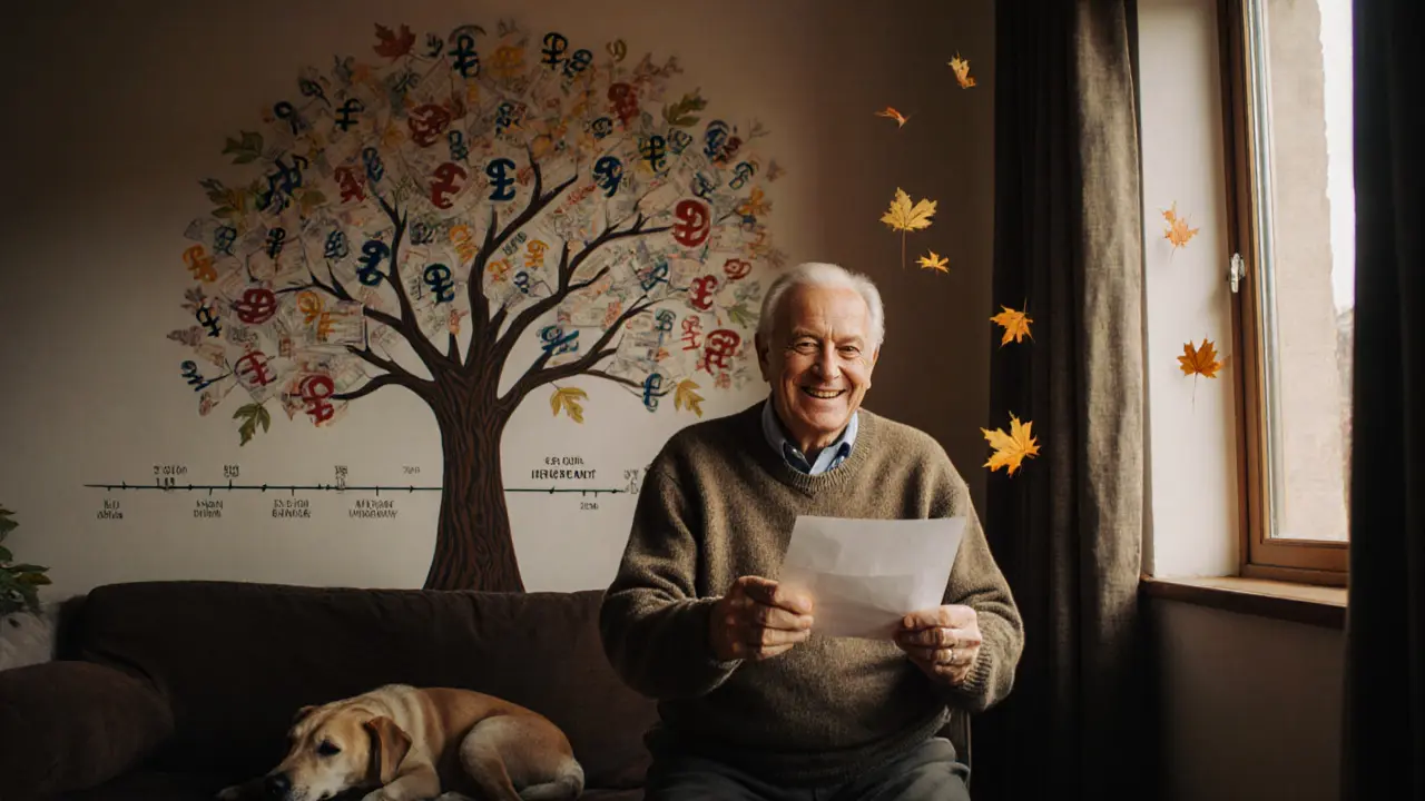 Пожилой мужчина получает письмо о дивидендах, за ним — дерево из акций, символизирующее рост капитала.