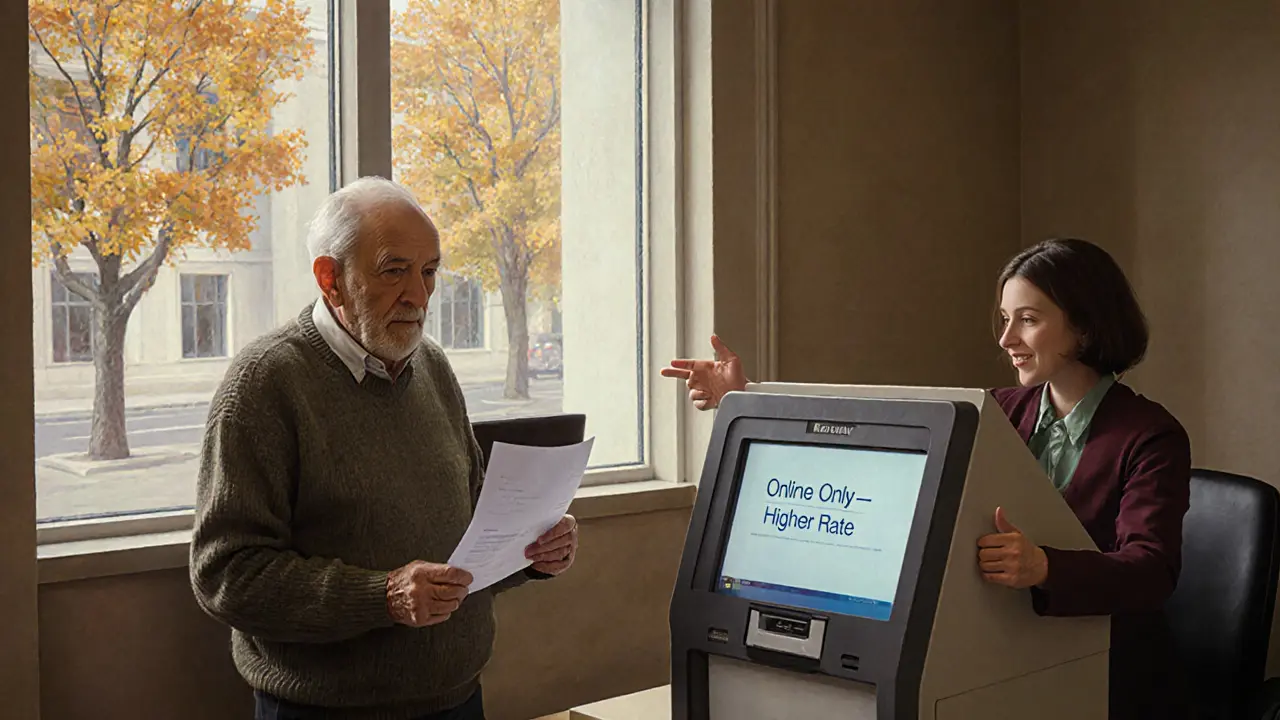 Пожилой мужчина в банке смотрит на форму, рядом — указатель &#039;Только онлайн&#039;.