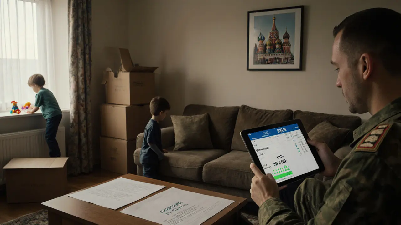 Семья распаковывает вещи в новой квартире, на столе — выписка с низким платежом.