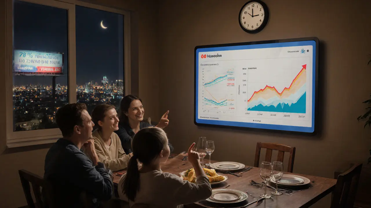 Семья смотрит на цифровую диаграмму роста вклада за ужином, время — ночью, а за окном — городские огни.