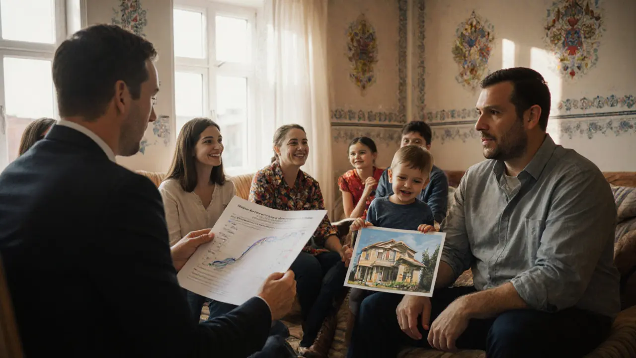 Семьи слушают финансового консультанта, сравнивающего дорогие кредиты с выгодным займом под залог.