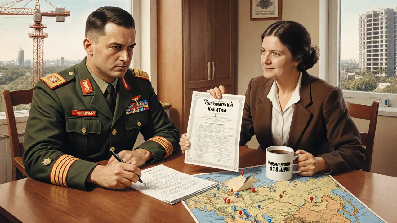 Солдат и консультант за кухонным столом, на столе — материнский капитал и карта России.