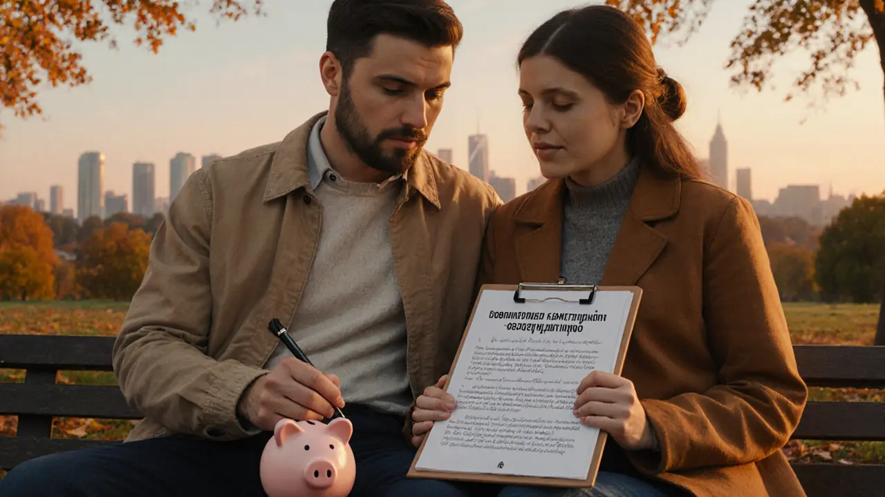 Супруги подписывают соглашение о совместном вкладе на скамейке при закате.