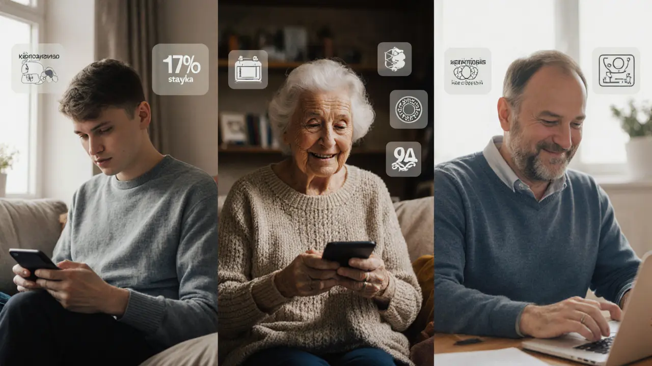 Трое людей разных возрастов открывают вклады онлайн в разных домашних обстановках, все улыбаются.