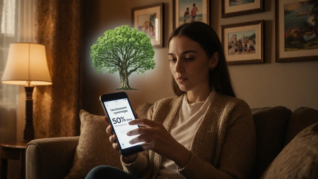 Женщина проверяет банк-приложение на телефоне, за ней — символ роста капитала, в фоне — семейные фотографии.