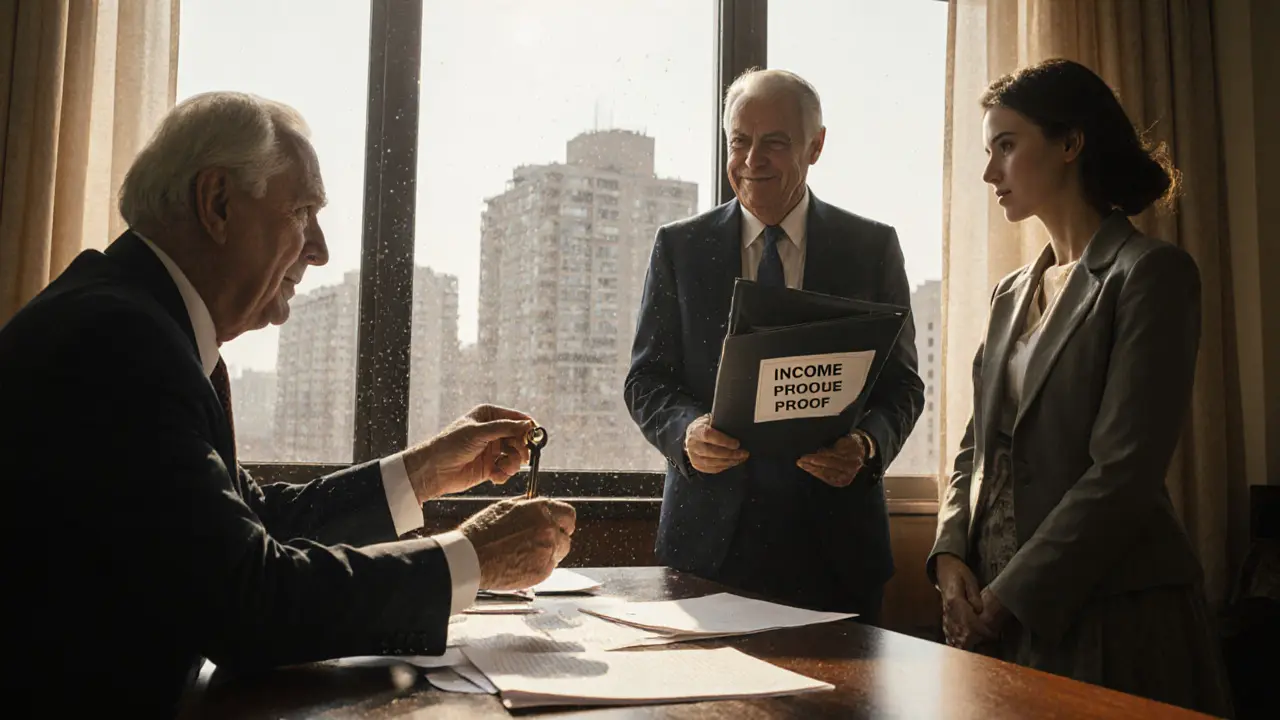 Банковский служащий вручает ключи паре, их родитель стоит рядом с документами.