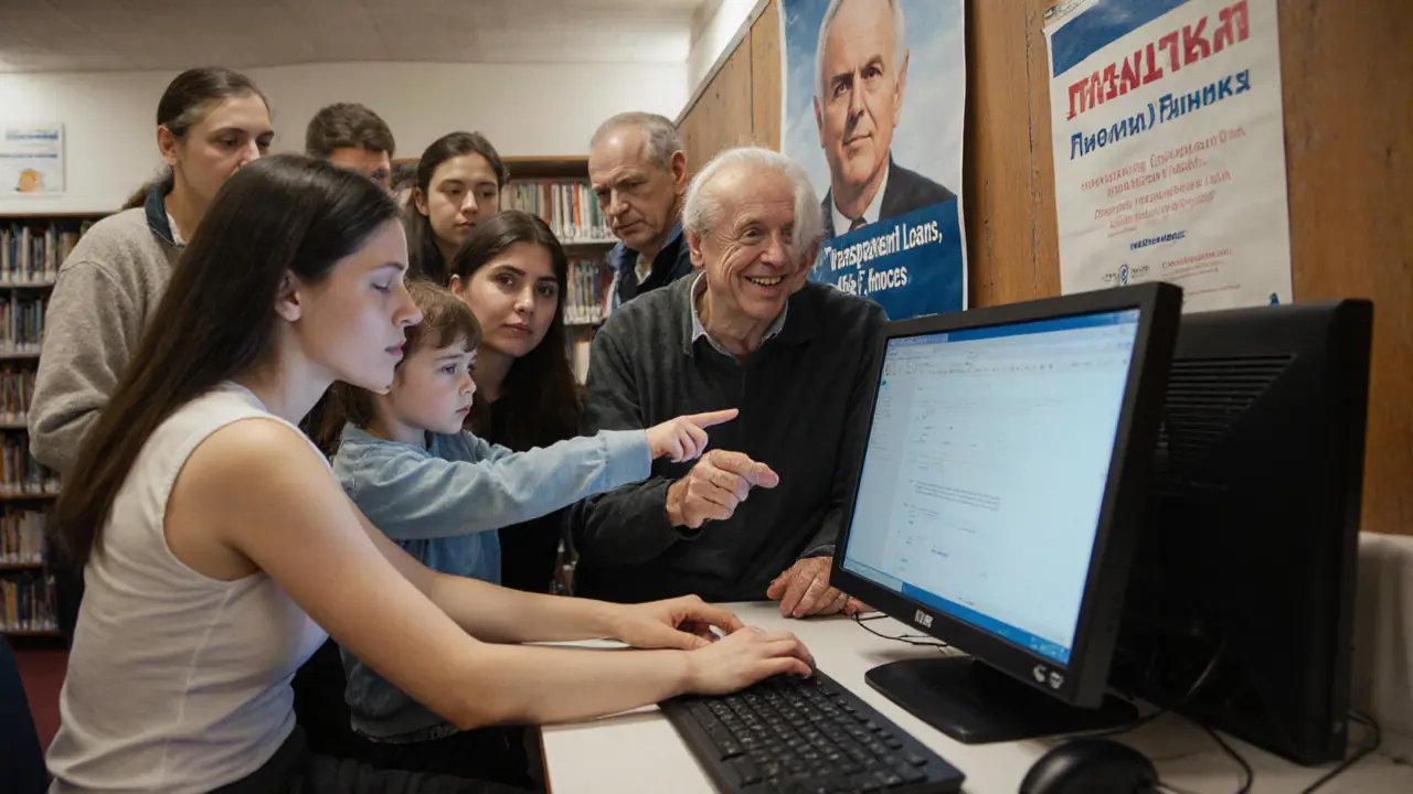 Группа людей в библиотеке смотрит на экран с предложениями кредитов от ЦБ.