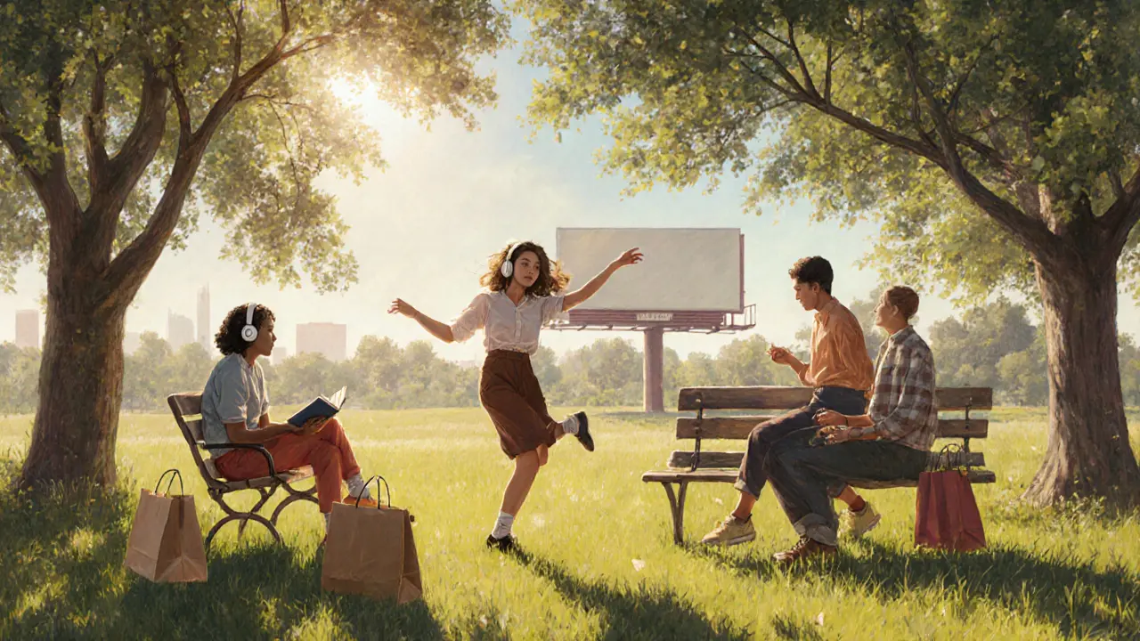 Люди в парке занимаются простыми радостями: читают, танцуют, разговаривают — без покупок.