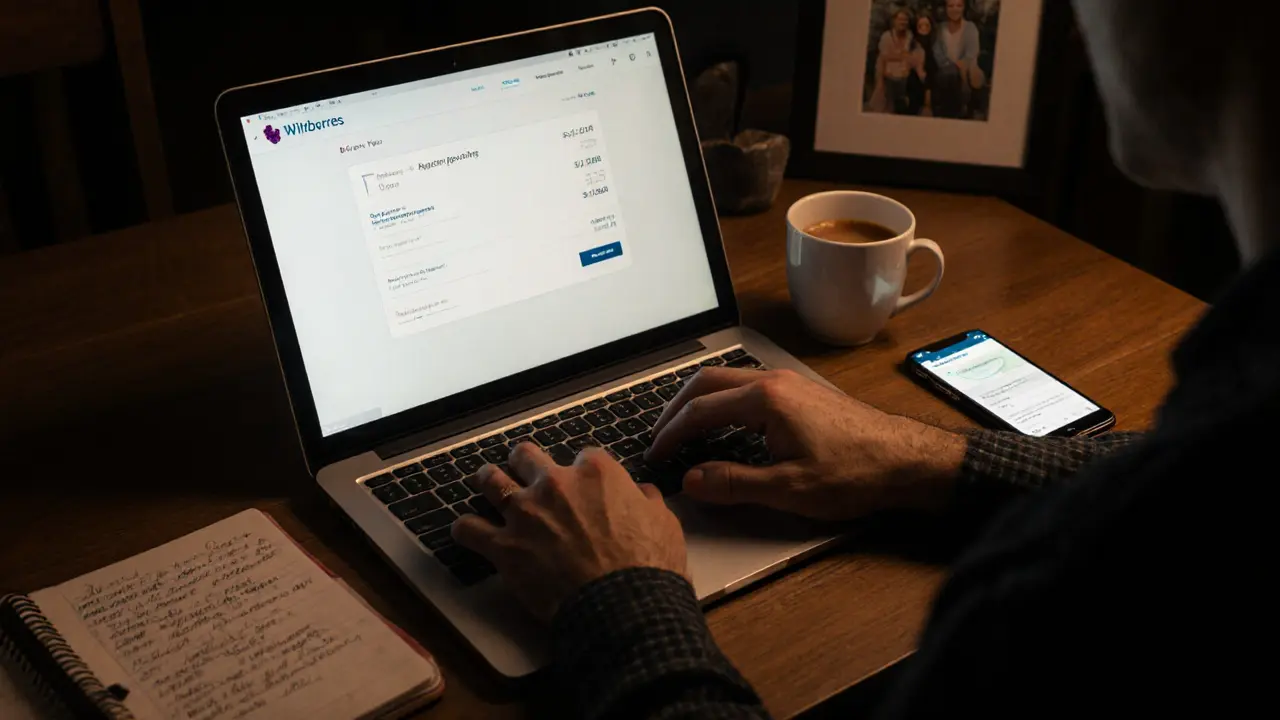 Мужчина вводит реквизиты карты в банке, на экране — уведомления о распродажах.