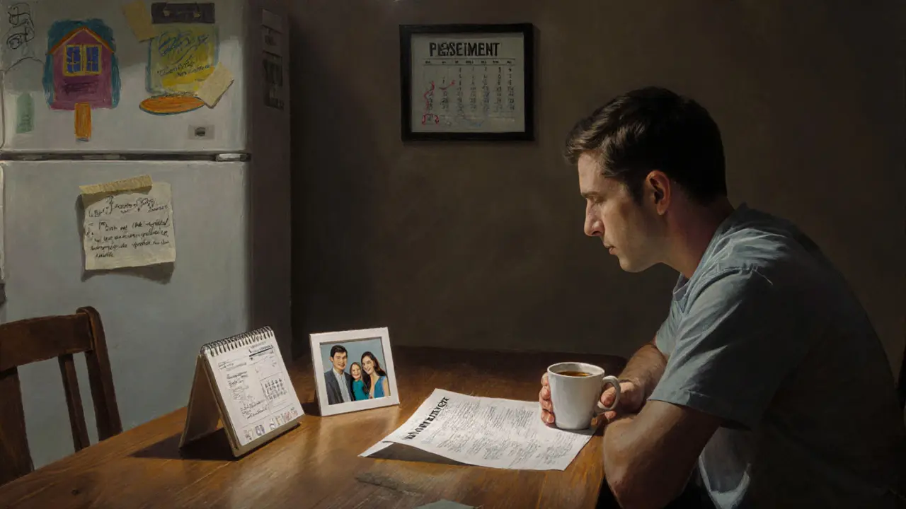 Разведённый мужчина смотрит на фото семьи и ипотечный платёж, один в тихой комнате.