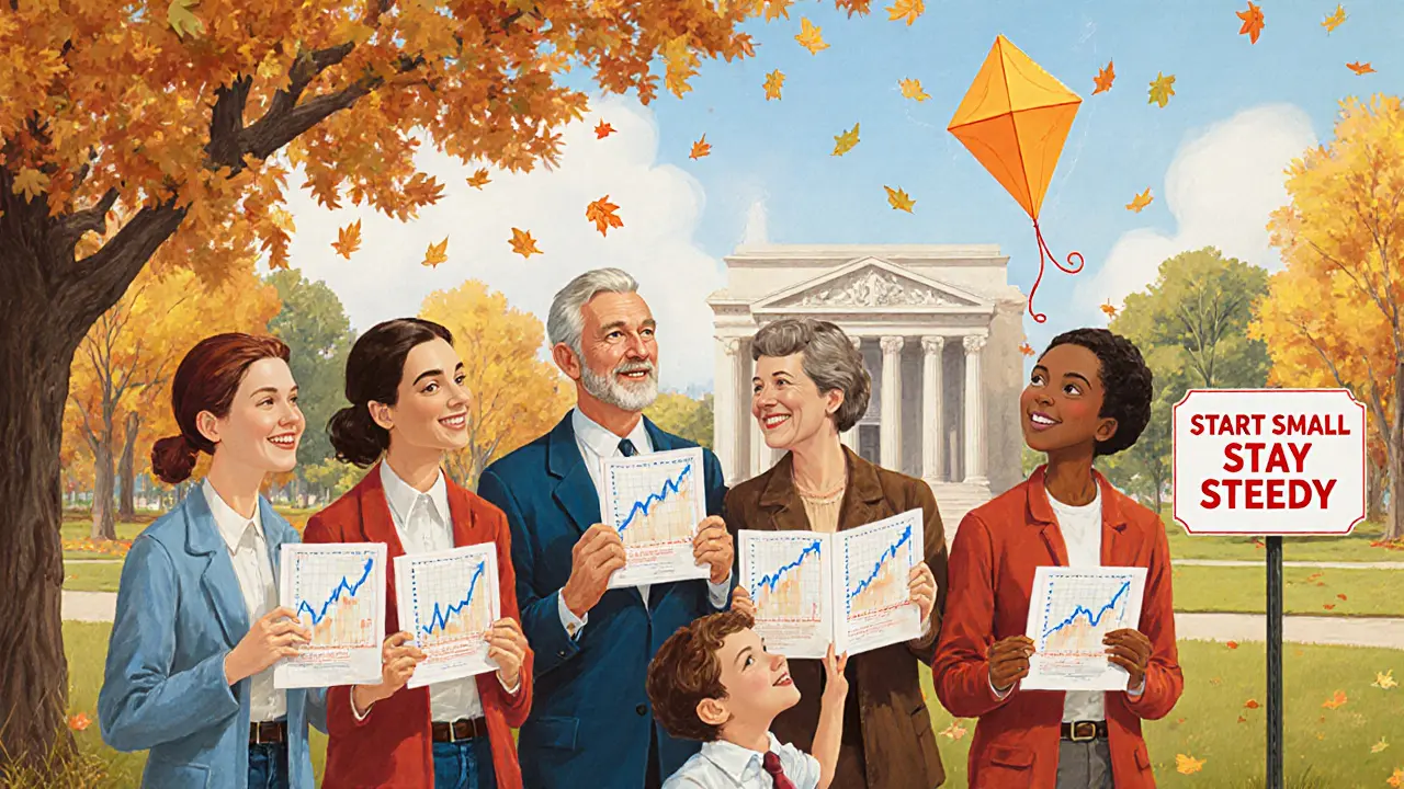 Группа людей в парке с портфелями, смотрят на воздушного змея в виде графика роста, символизируя терпение и начало инвестиций.