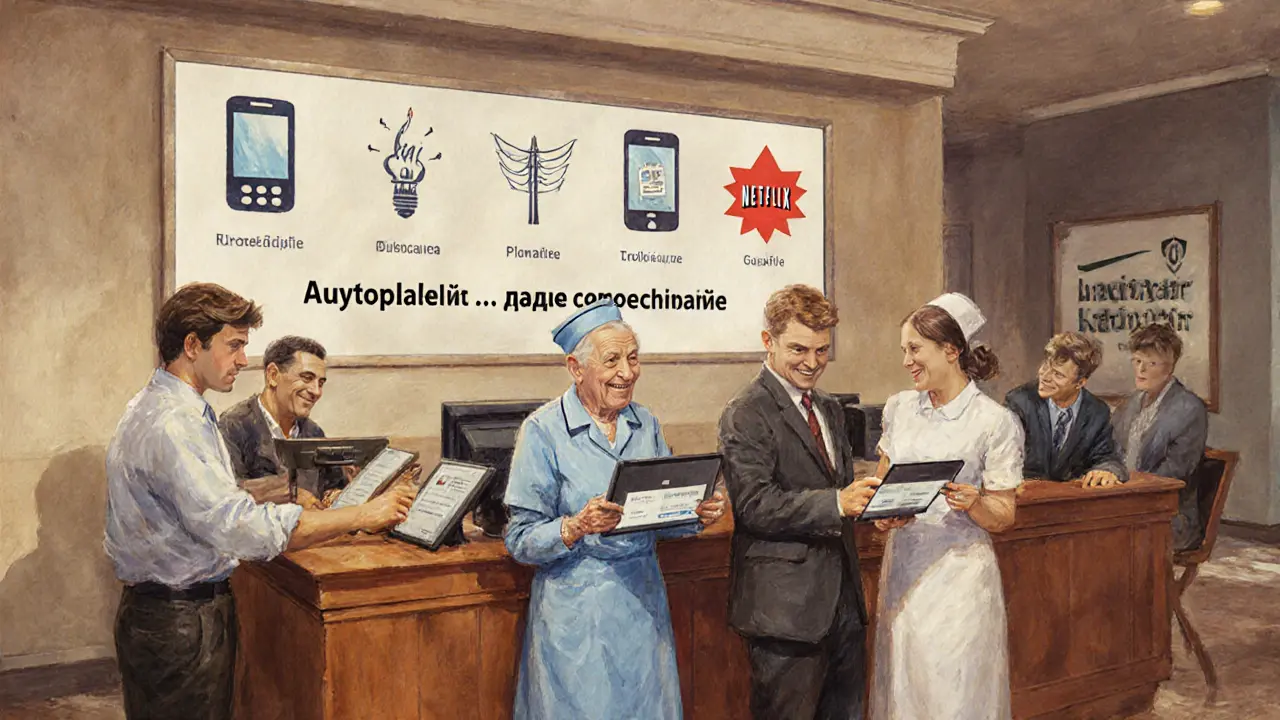 Люди в банке настраивают автоплатежи с помощью планшетов, доброжелательная атмосфера.