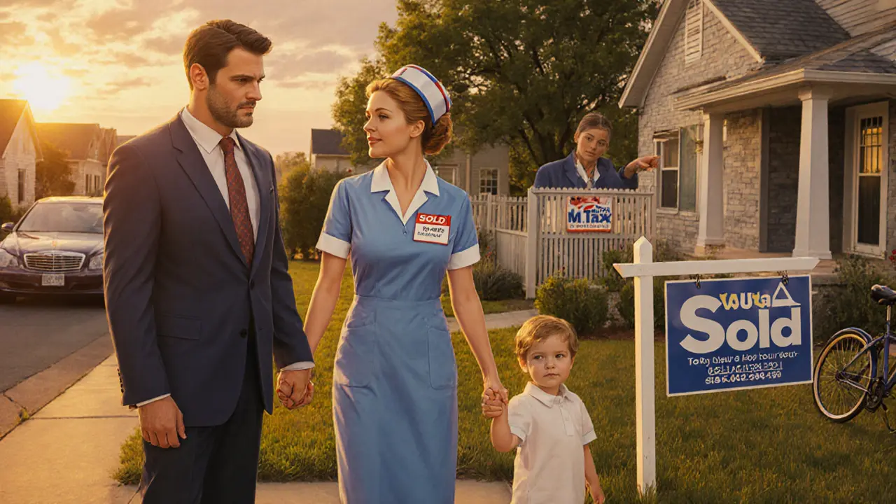 Семья радостно стоит перед новым домом, держась за руки, с видом на банк и машину с логотипом &#039;Мой налог&#039;.