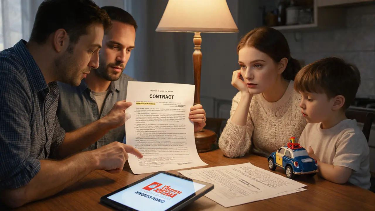 Семья рассматривает кредитные документы за кухонным столом, на экране — обременение.