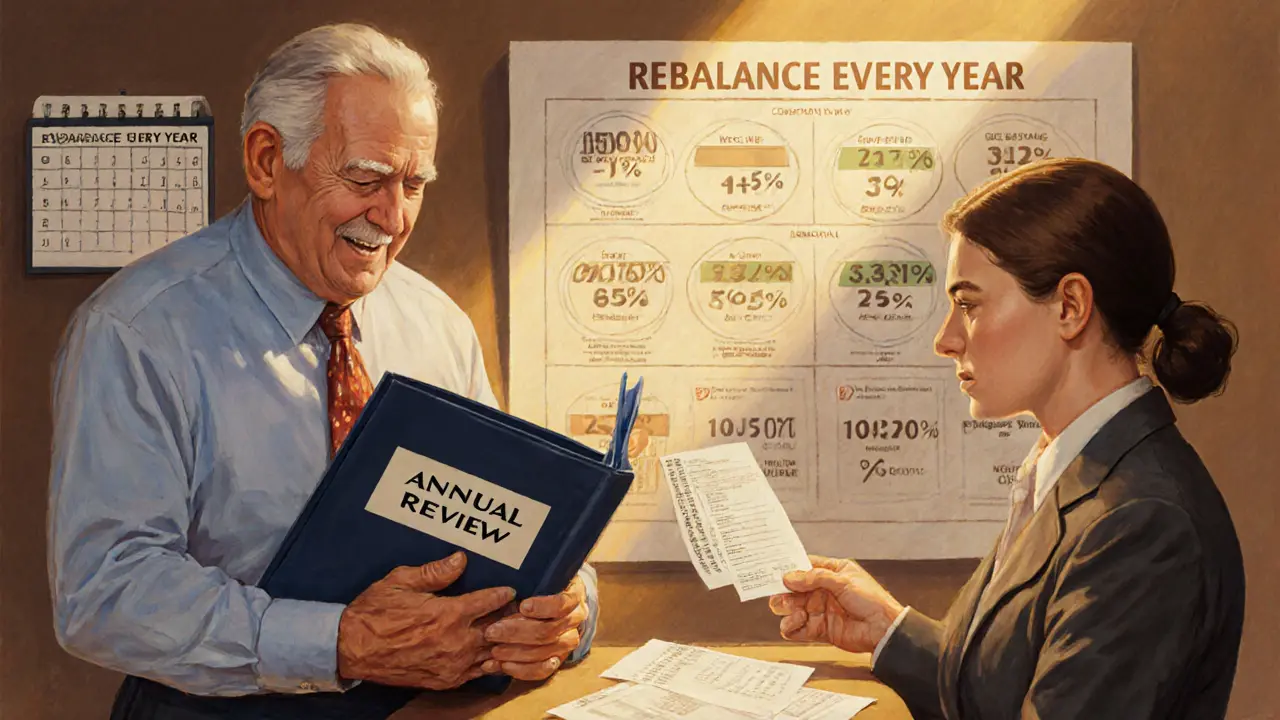 Средний возраст мужчина перебалансирует портфель у банковского окна, получая облигации и ETF, на фоне календаря с пометкой &#039;Ежегодно&#039;.