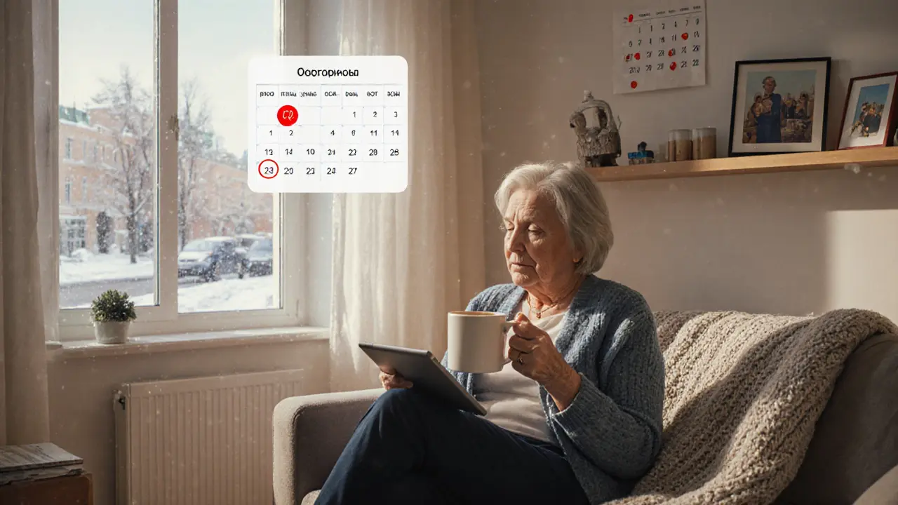 Женщина в квартире смотрит на уведомление об оплате коммунальных услуг, спокойная обстановка.