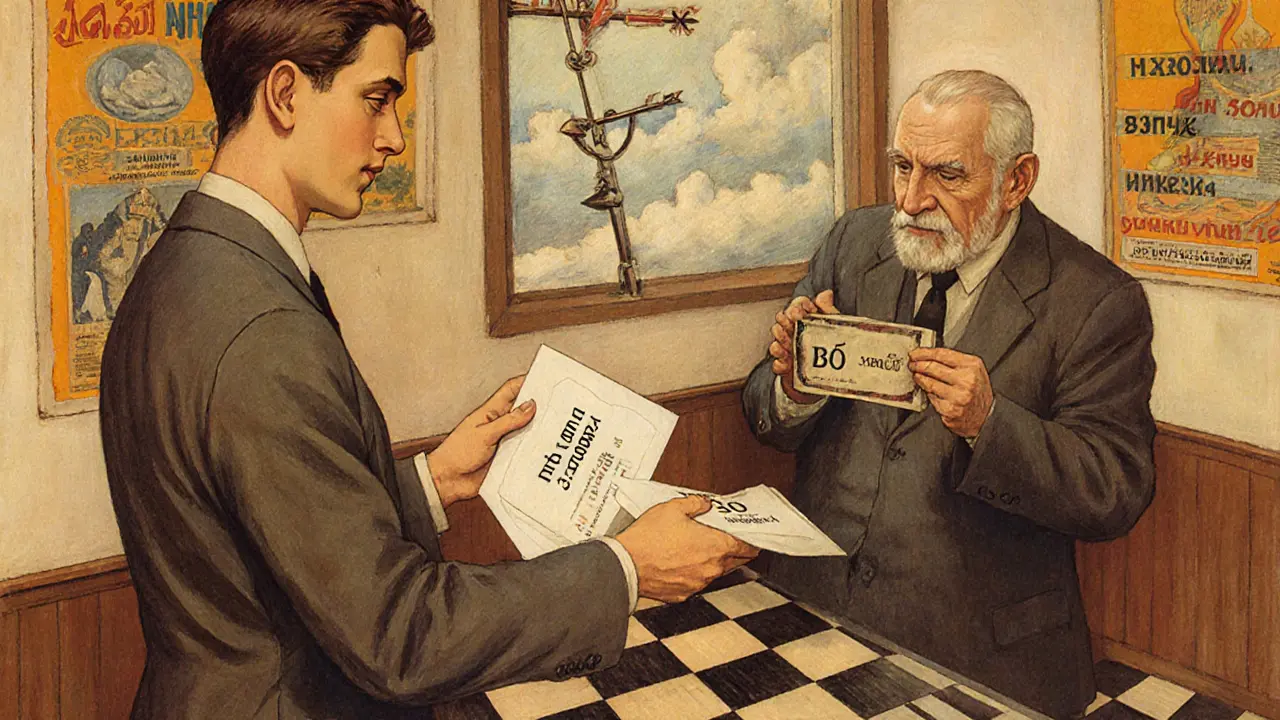 Банковский служащий выдает короткие облигации молодому человеку, старший клиент получает долгосрочные.