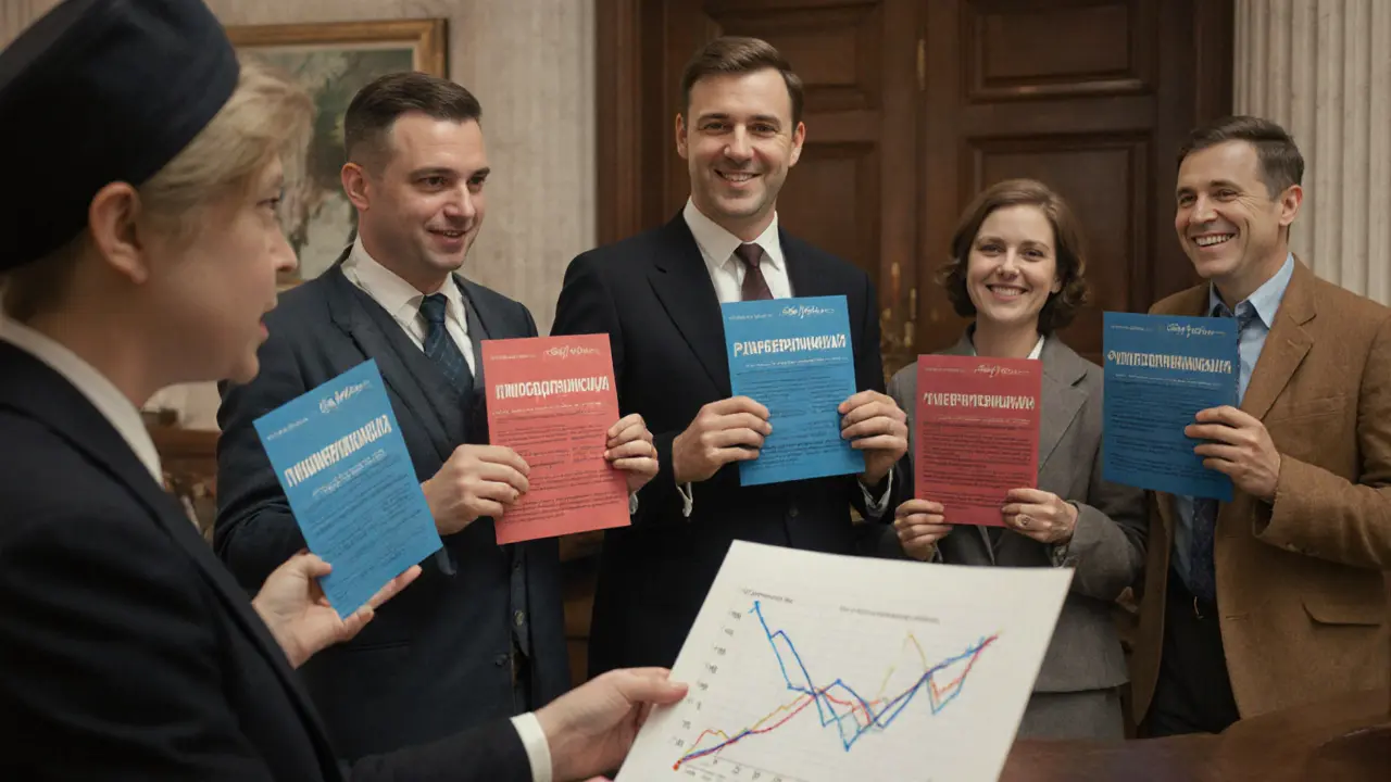 Группа людей в банке получает совет от сотрудника о профилях риска, с разными цветами документов в руках.