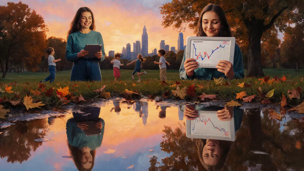 Молодая женщина в парке смотрит на падающий портфель, но улыбается, видя спокойную отражённую версию себя.