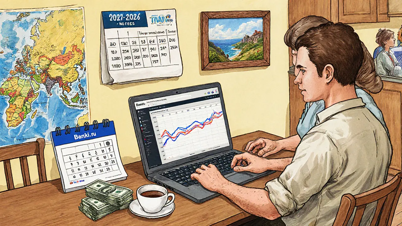 Мужчина дома сравнивает курсы на ноутбуке, на столе — свежие доллары, на стене — фото отпуска.