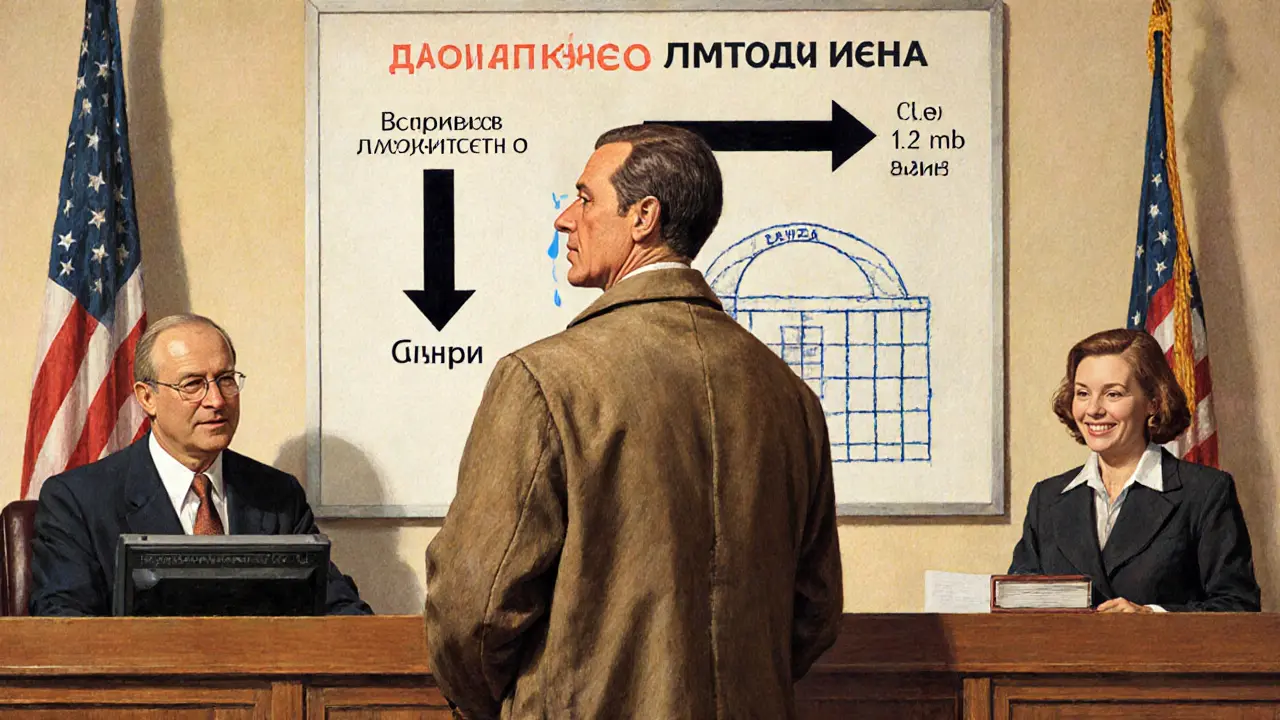 Мужчина в суде, перед ним — диаграмма &#039;Долг → Списано&#039;, атмосфера спокойной надежды.