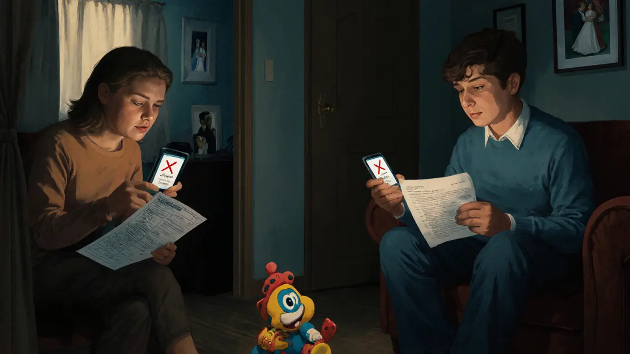 Разведённая пара в разных комнатах смотрит на уведомления о просрочке, между ними игрушка ребёнка.