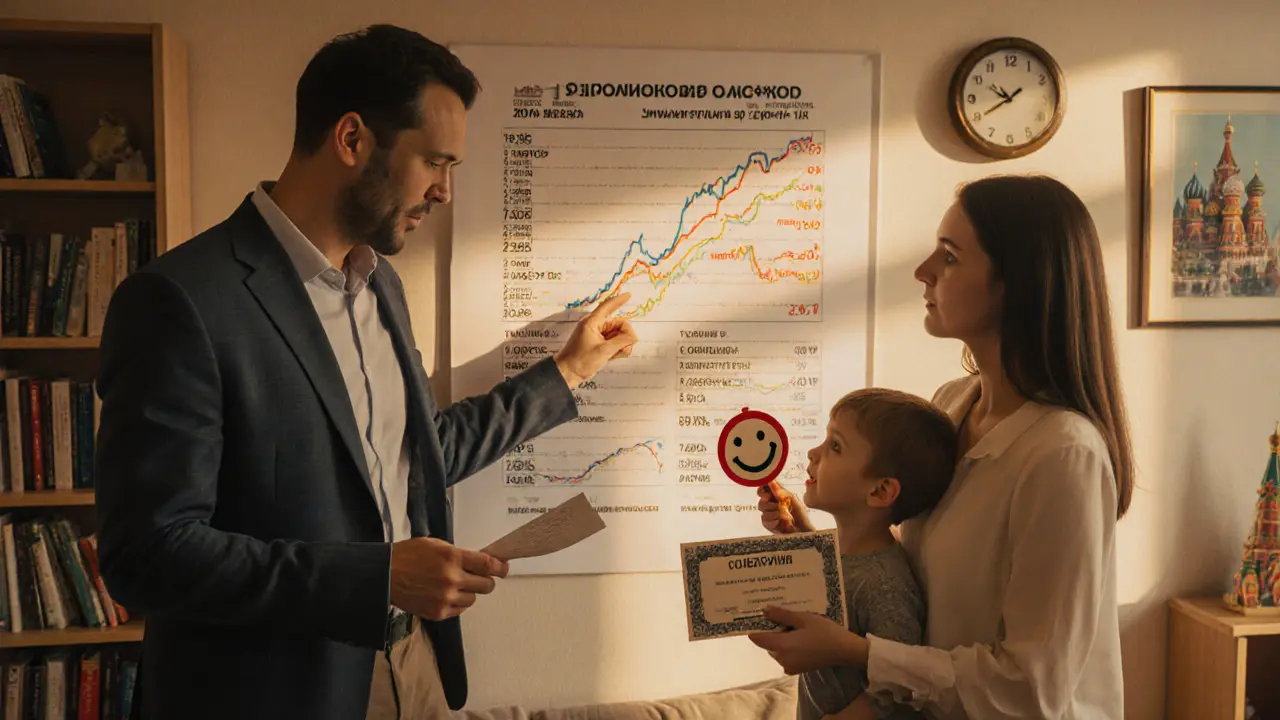 Семья изучает график процентных ставок, отец объясняет сыну разницу между облигациями.