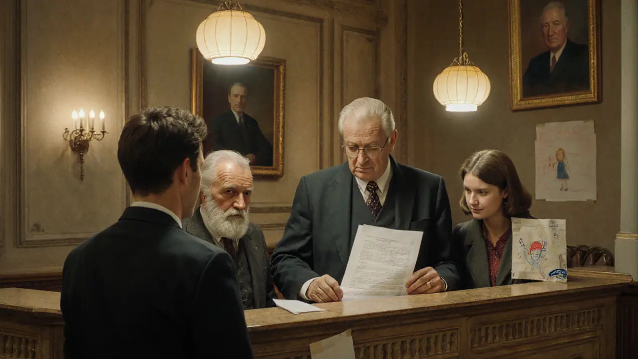 Три человека в банке перед кассой с документами, лица напряжены, интерьер с элементами советского стиля.