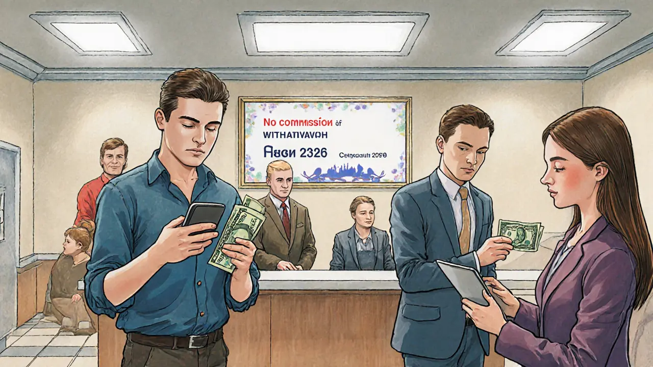 В банке кассир отказывает в обмене старой купюры, другие клиенты проверяют курсы на телефонах.