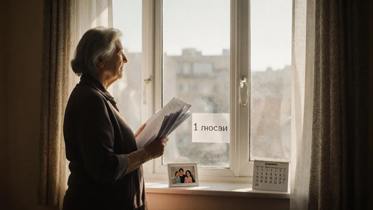 Женщина с документами у окна, солнечный свет и знак МФЦ за стеклом.