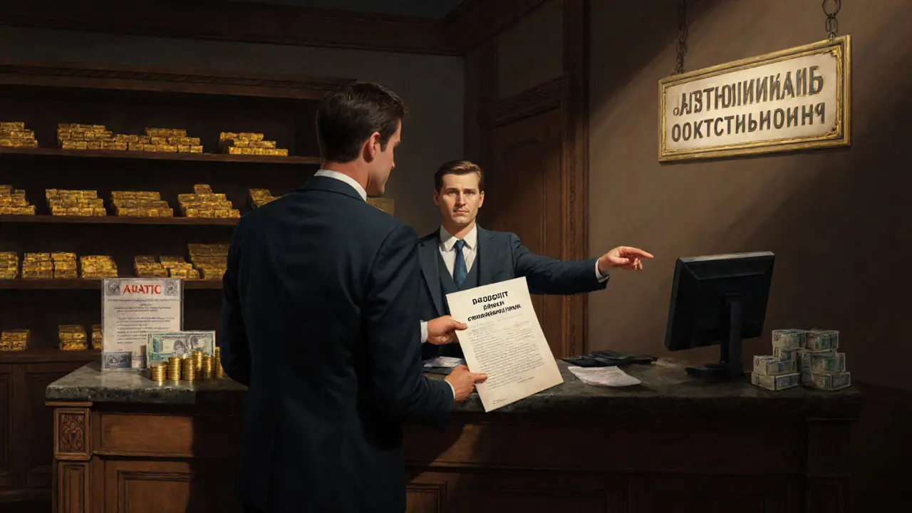 Бизнесмен стоит у банковской стойки, глядя на контракт &#039;депозит юридического лица&#039; без страховки.