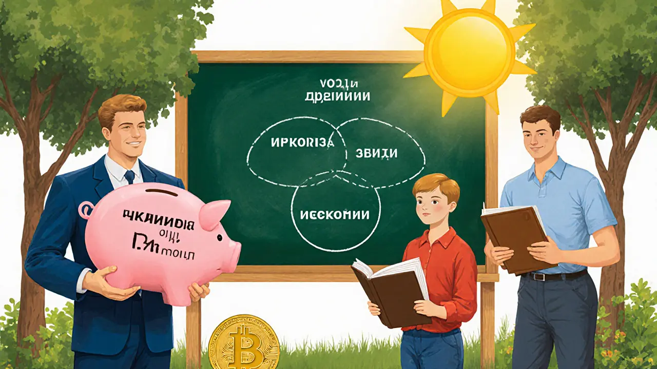 Люди в парке держат разные финансовые продукты, на доске — диаграмма &#039;вклады внутри депозитов&#039;.