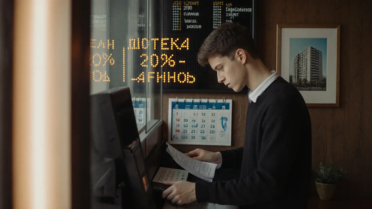 Молодой специалист кладёт зарплату в банк, рядом — табло с требованием 20% взноса по ипотеке.