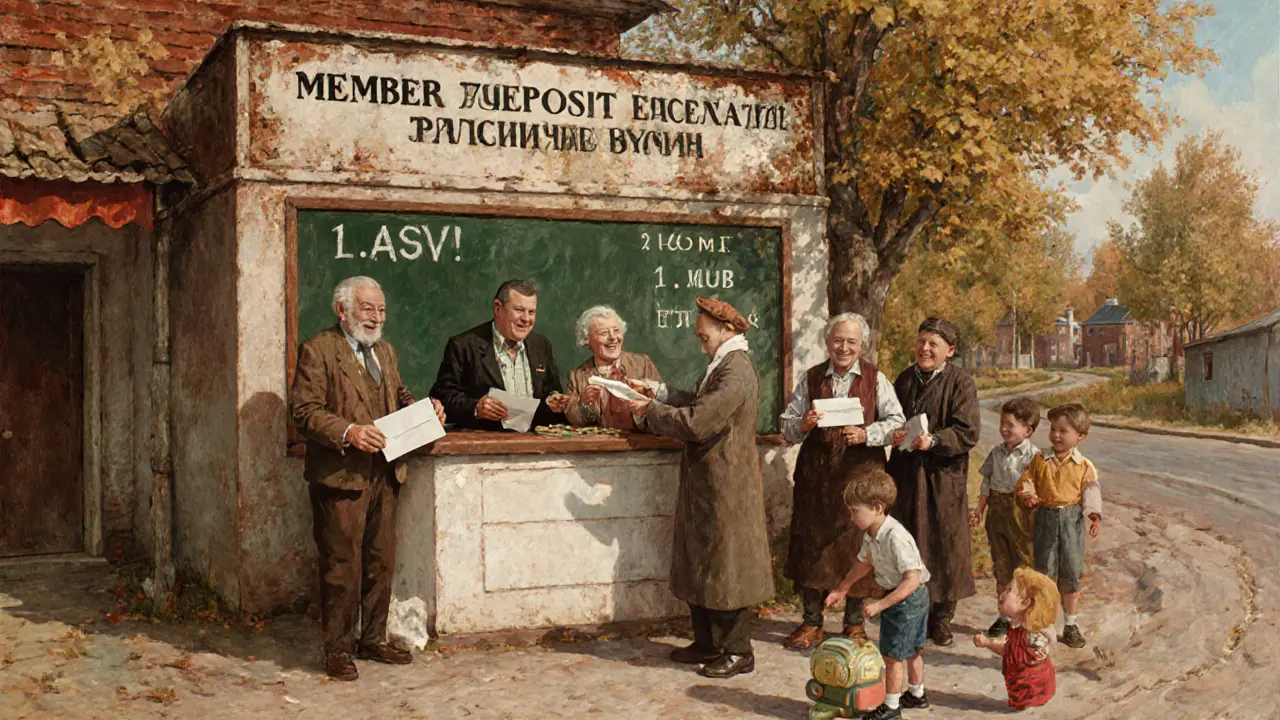 Пенсионеры получают деньги от АСВ в маленьком городе, дети играют рядом.