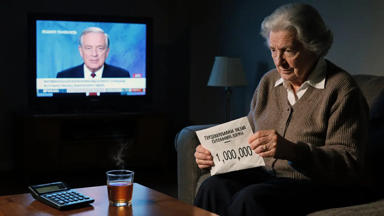 Пожилая женщина держит конверт с крупной суммой, рядом — маленький процент на калькуляторе.