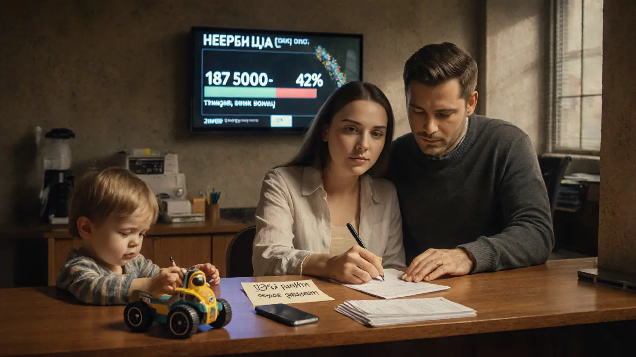 Родители заполняют документы в банке, на экране виден прогресс накопления резервного фонда.