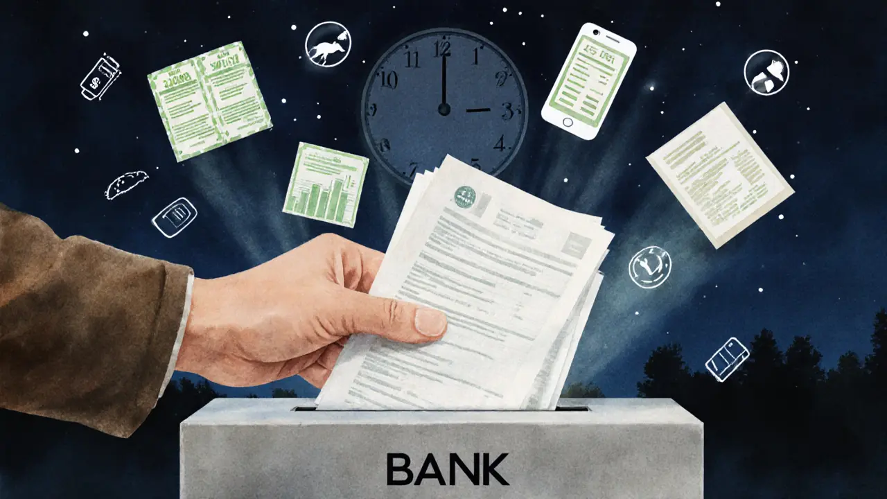 Рука кладет документы в банковский ящик, вокруг него плавают цифровые метаданные о доходах и платежах.