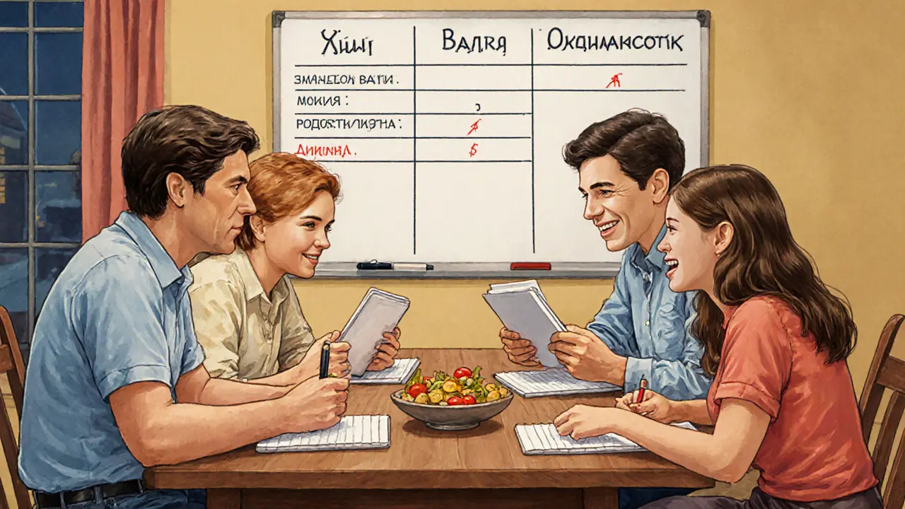 Семья обсуждает бюджет за ужином, на стене — простая таблица расходов и сбережений.