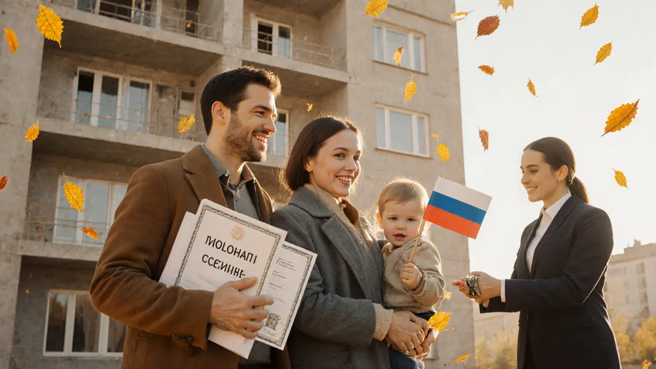 Семья получает ключи от новой квартиры, держа документы о субсидии и материнском капитале.