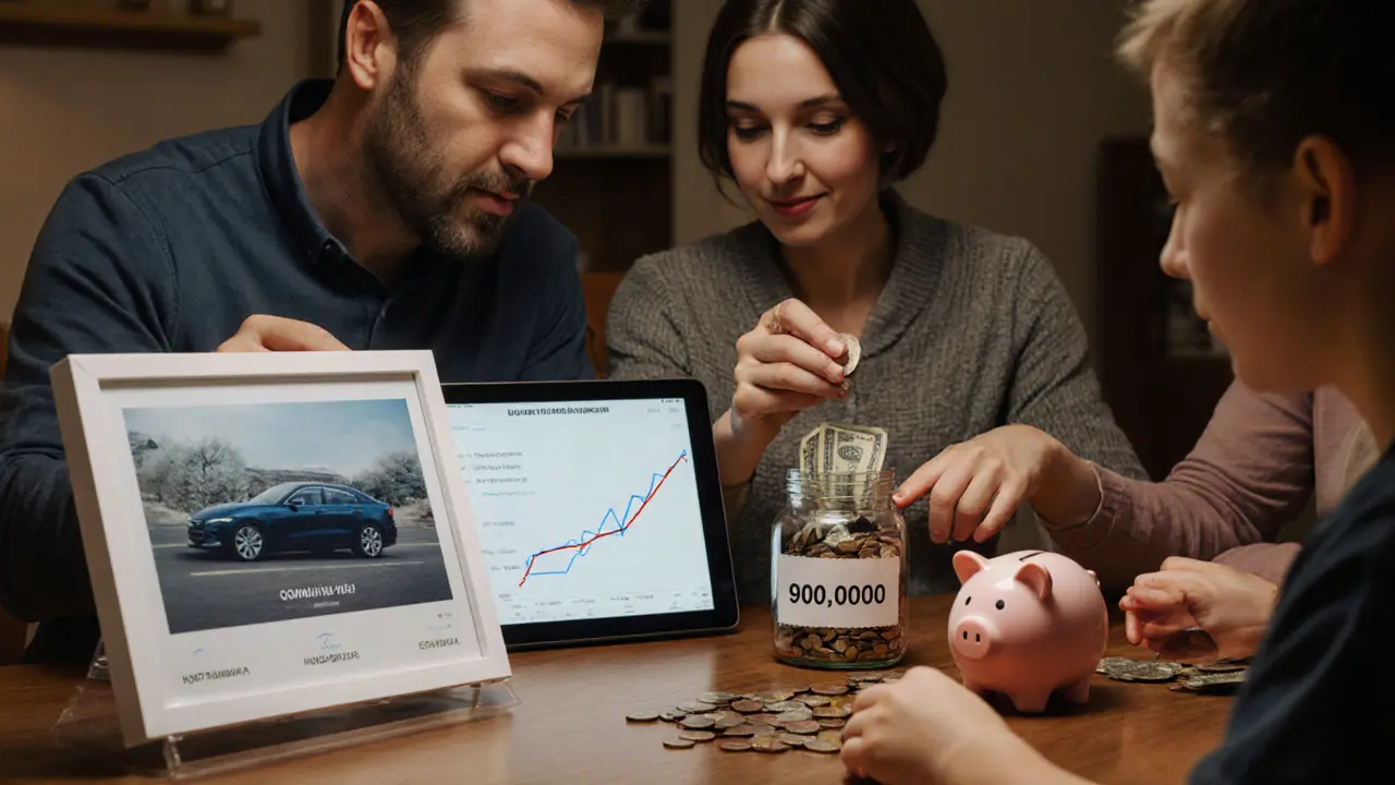 Семья смотрит на фото машины, а один из них добавляет деньги в кувшин для накоплений.