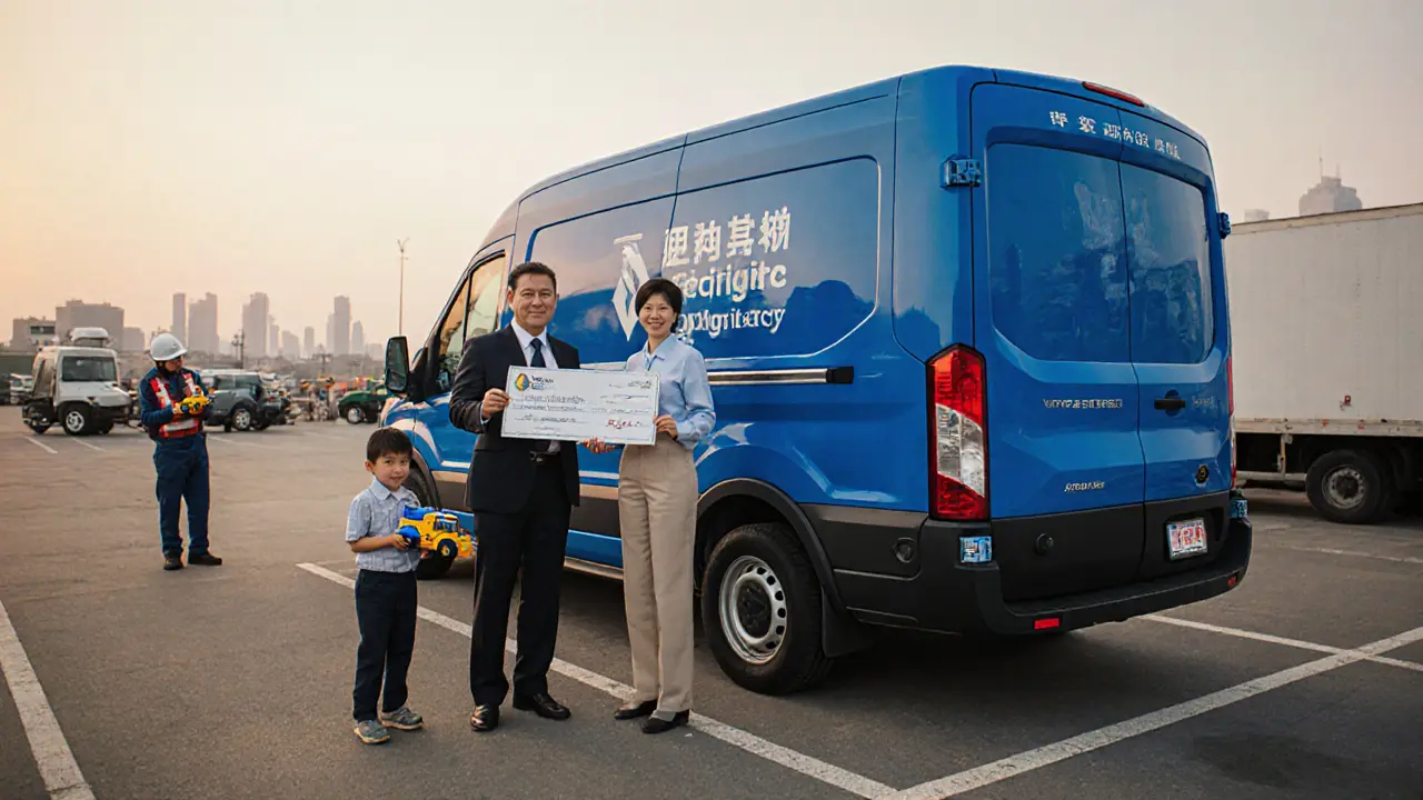 Семейный бизнес получает субсидию от государства за электрогрузовик на утреннем парковке.