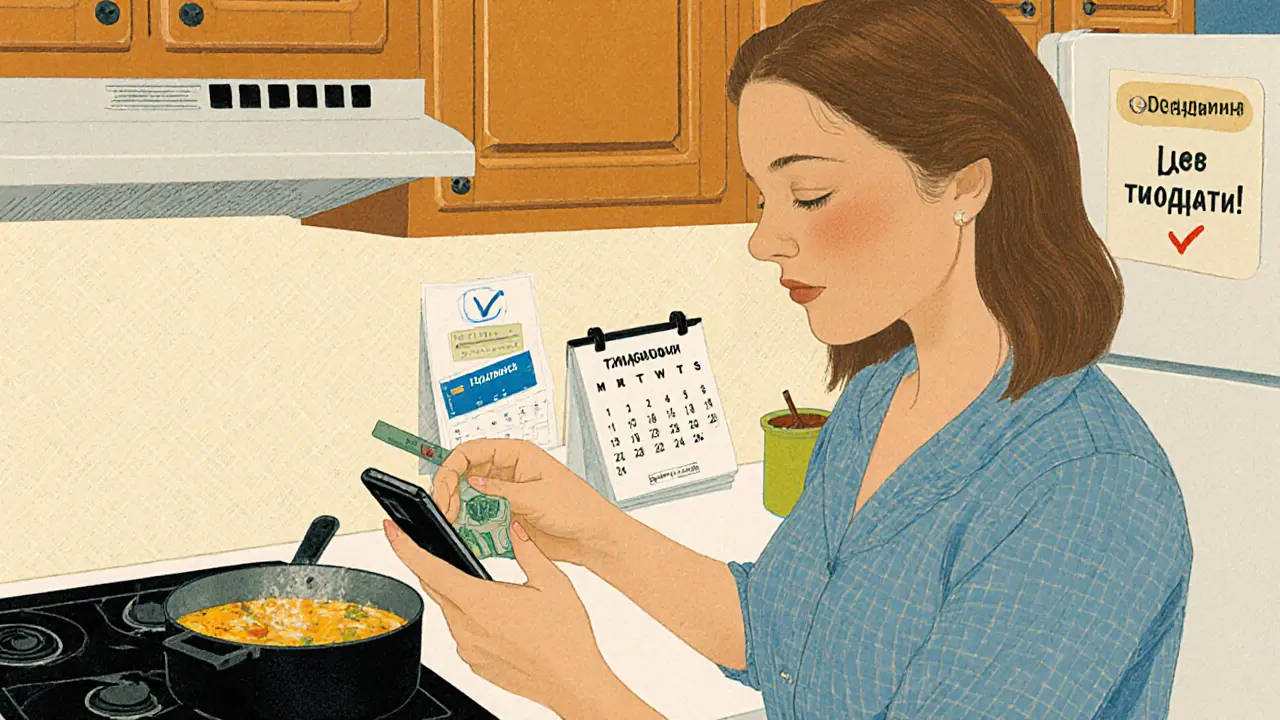 Женщина переводит деньги на отдельный счёт у кухонного стола, на холодильнике табличка &#039;Не трогать!&#039;.