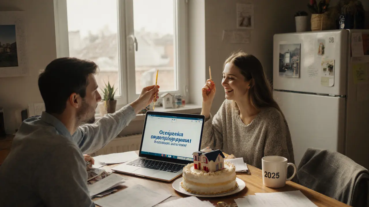Молодая пара празднует успешную регистрацию сделки по переуступке за кухонным столом.