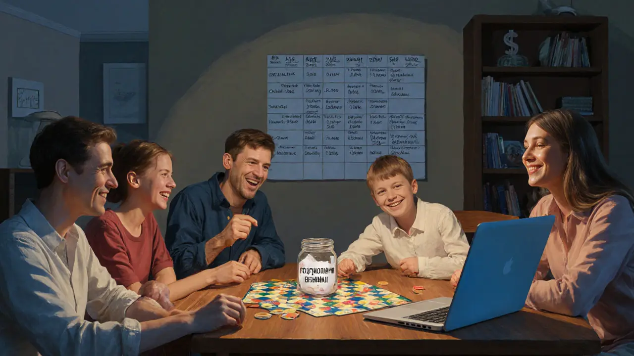 Семья играет в настольную игру, рядом — таблица бюджета.